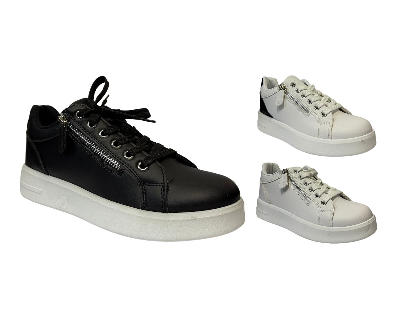 Women's Faux Leather Flat Sole Zip And Lace Up Trainers