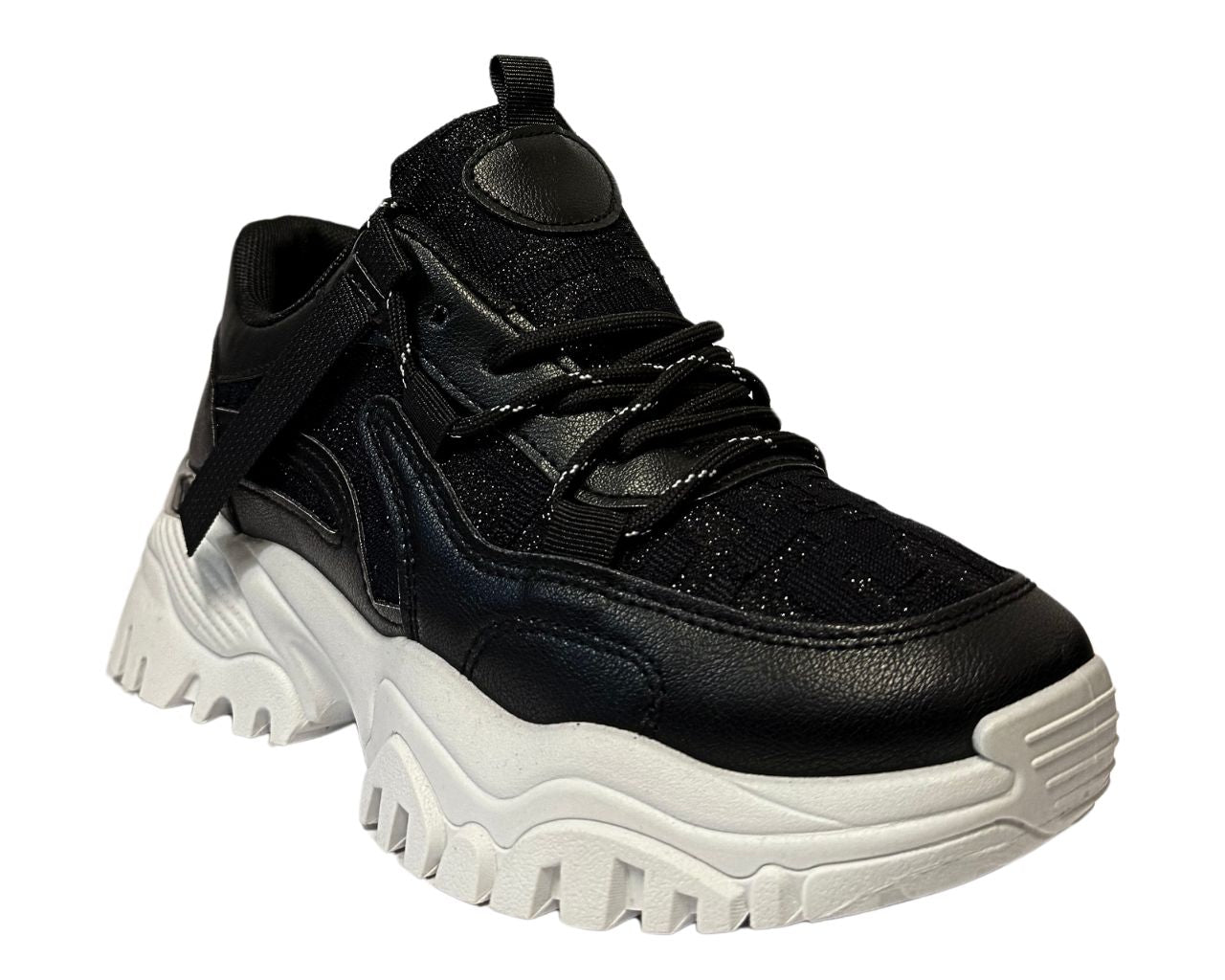 Women's Faux Leather Design Chunky Diamante Sole Lace Up Trainers