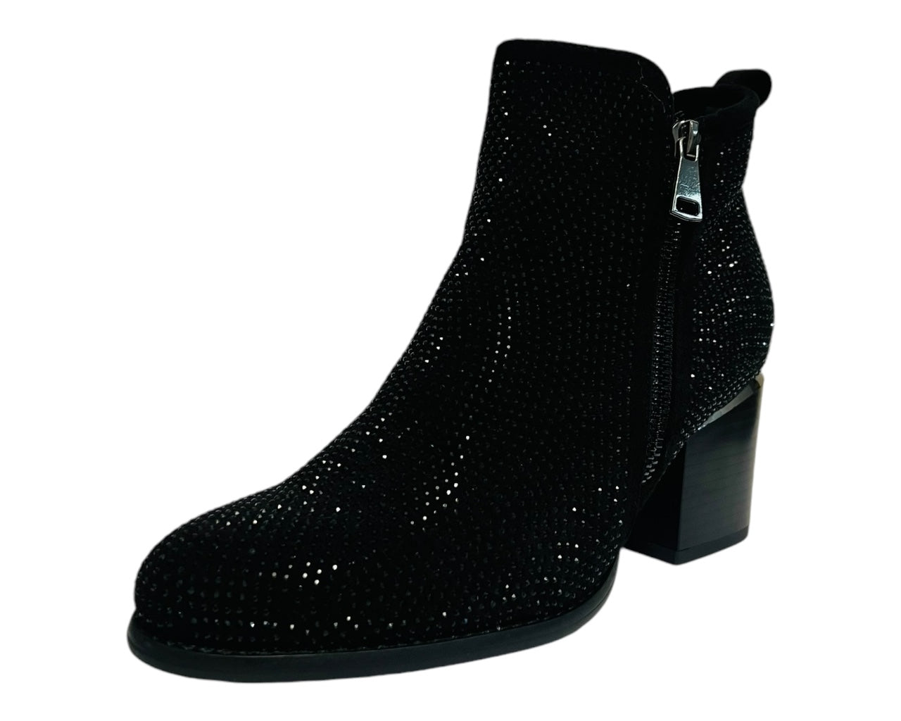 Women's Block Heel Rhinestone Zip Ankle Boots Black