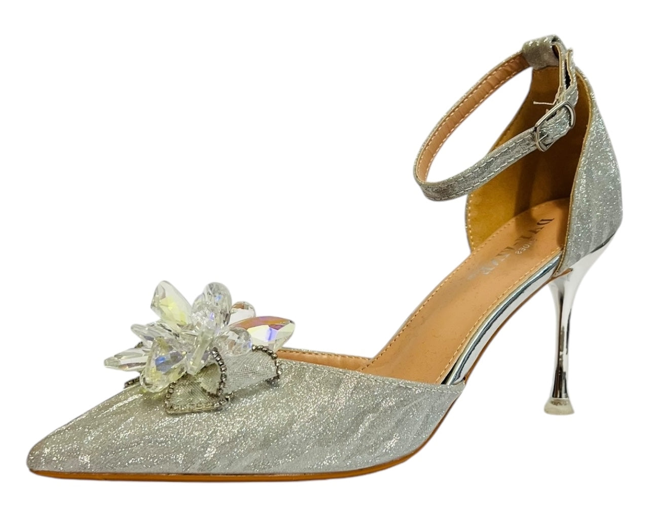 Ankle Strap Diamante Flower Open Court Shoes