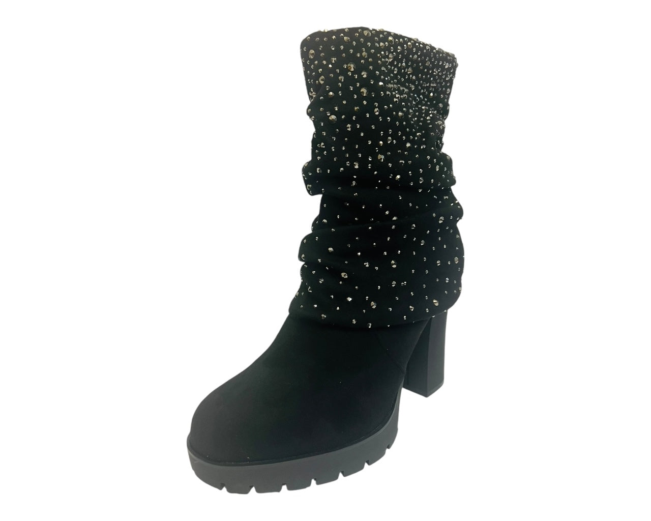 Women's Block Heels Zip Diamante Ankle Boots Black