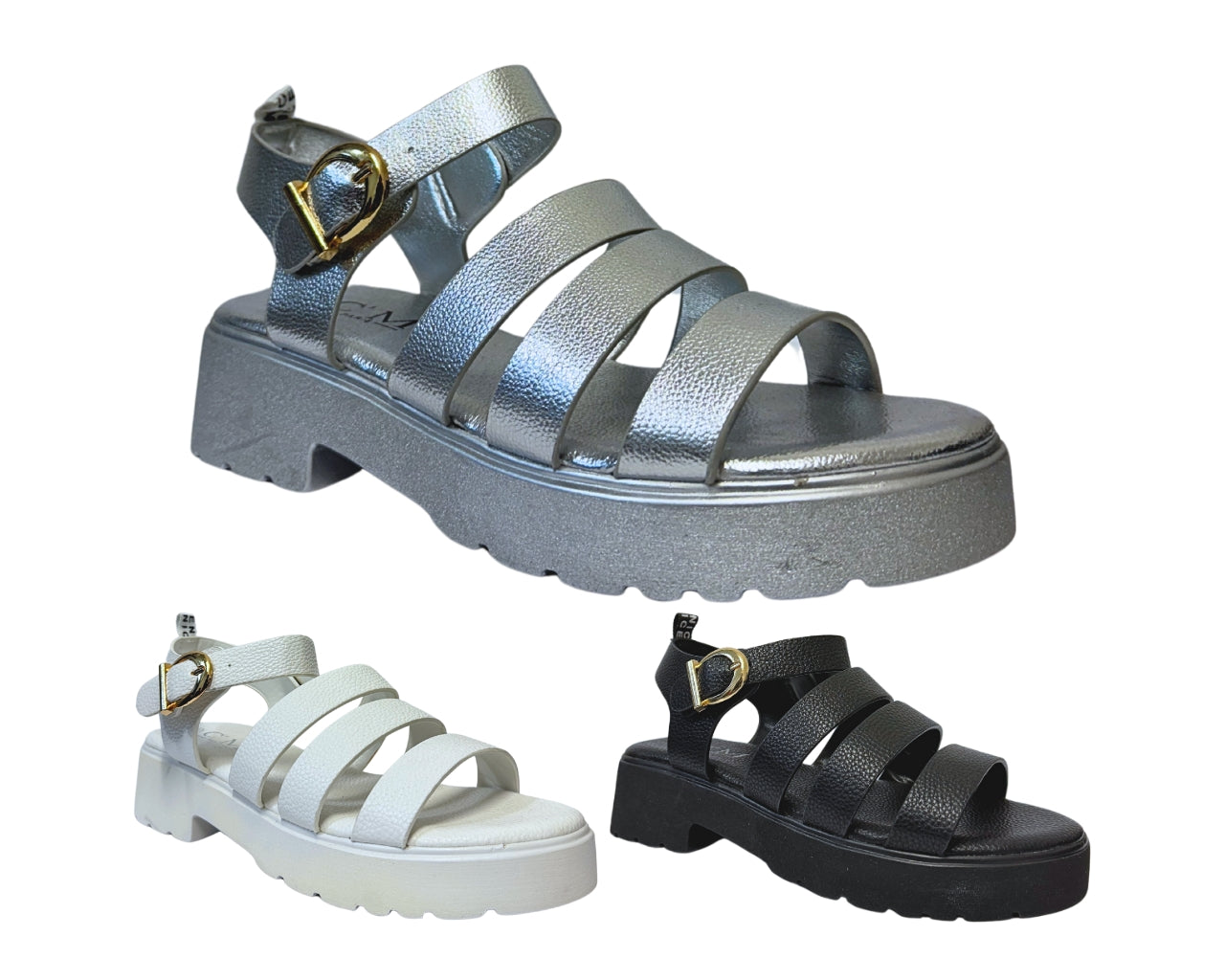 Women's Faux Leather Chunky Sole Golden Buckle Sandals