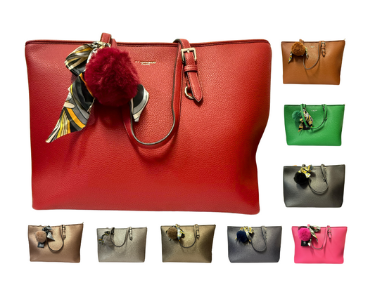 Women's Faux leather Shoulder bag with pompom and scarf