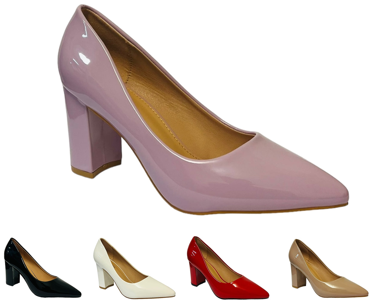 Block Heel Faux Patent Court Shoes
