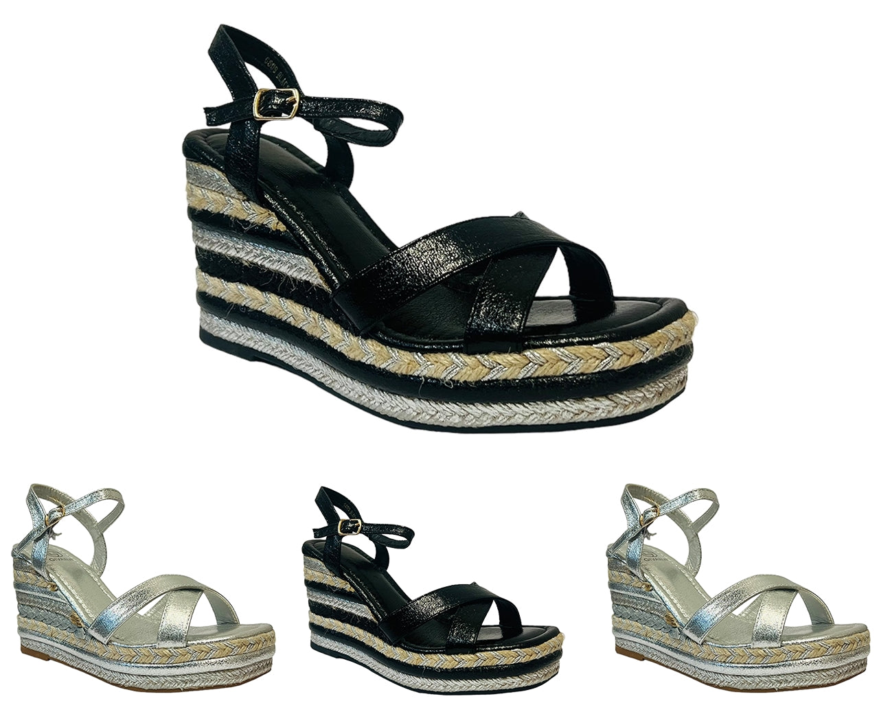 Ankle Strap Espadrilles Wedge Platform Sandals Black/Silver