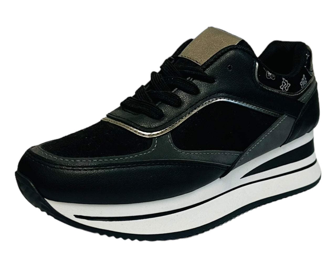 Faux Leather Chunky Sole Lace Up Trainers Black