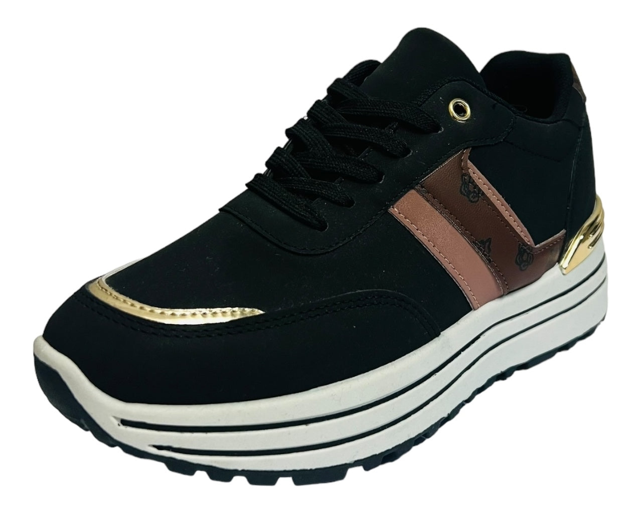 Faux Leather Chunky Sole Lace Up Trainers Black