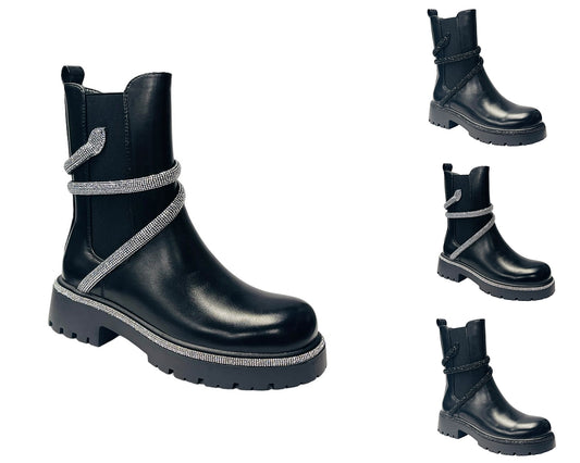 Women's Chunky Sole Faux Leather Zip Diamante Chelsea Boots