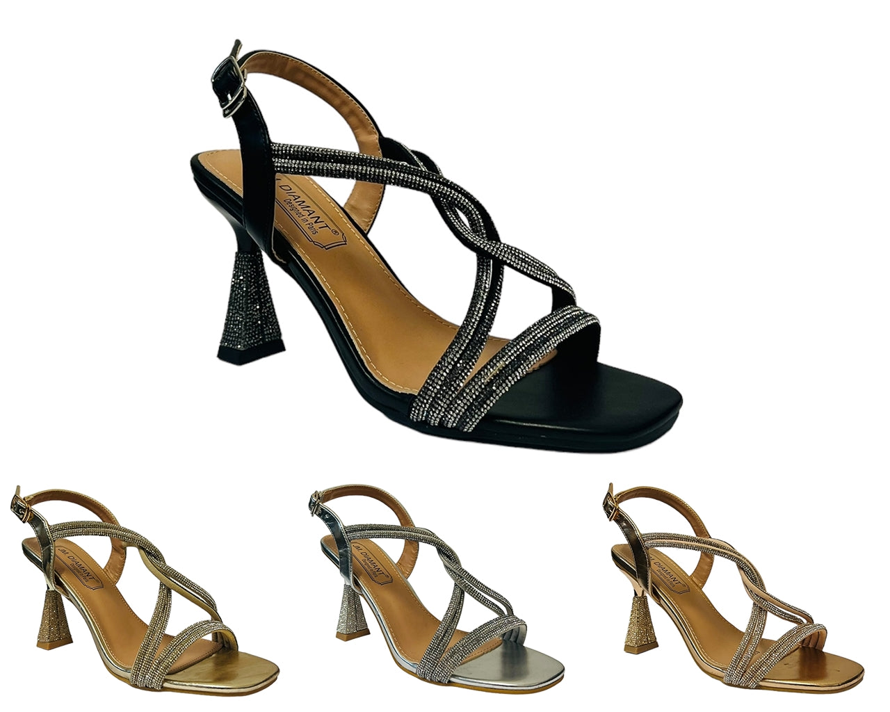 Women's Crossover Diamante Strappy Spool Heel Shoes
