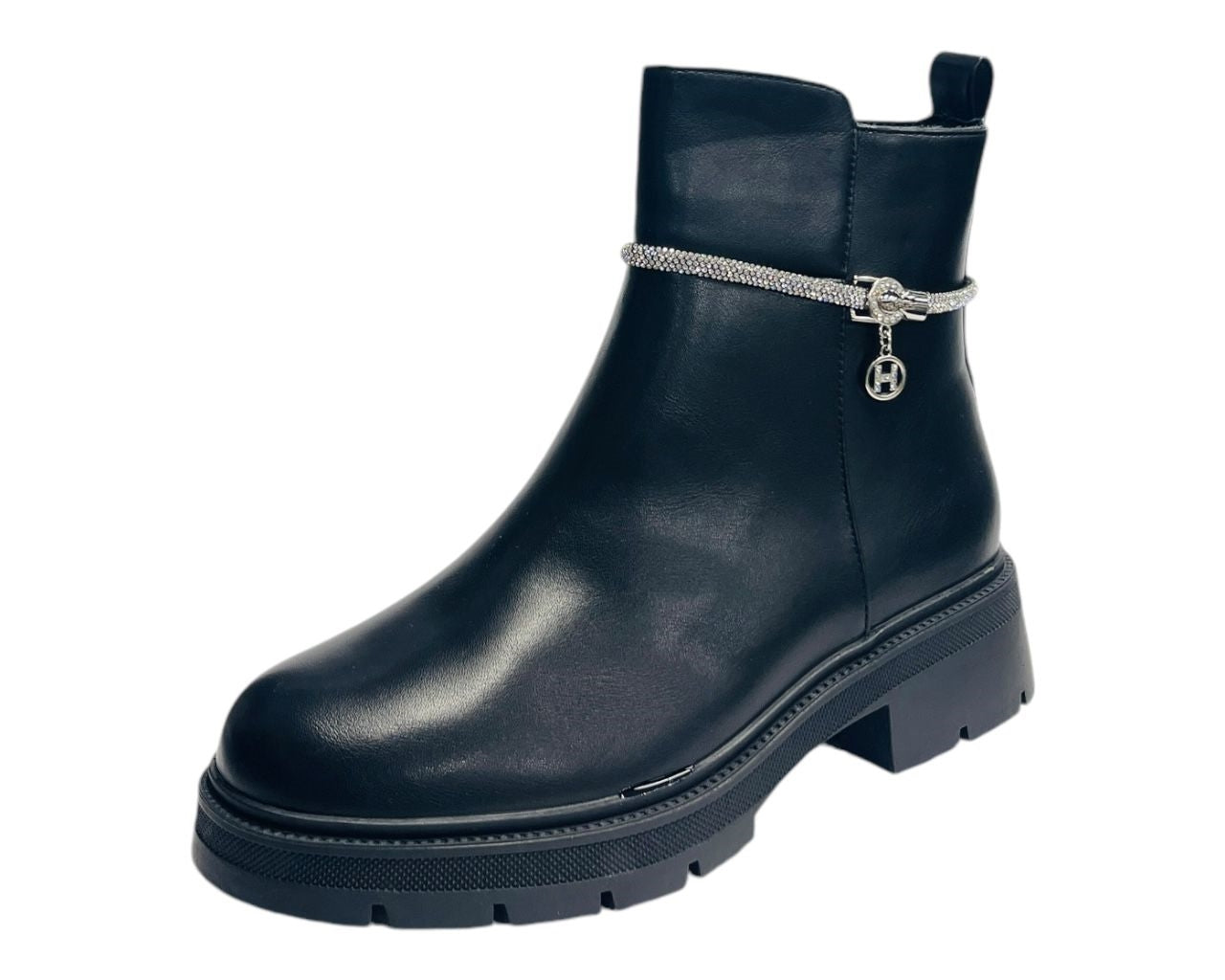 Rhinestone String Faux Leather Ankle Boots Black