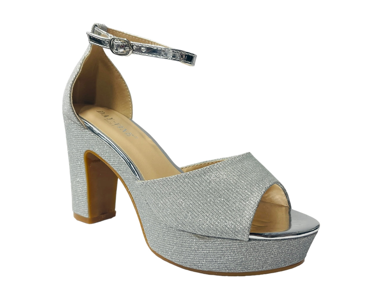 Ankle Strap Glitter Block Heel Shoes Silver