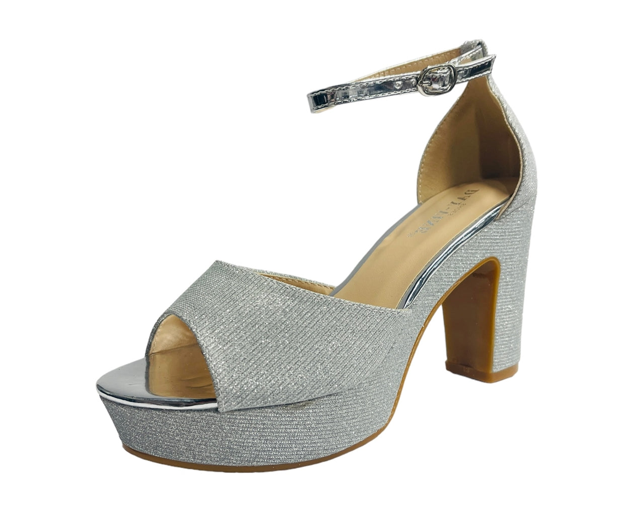 Ankle Strap Glitter Block Heel Shoes Silver