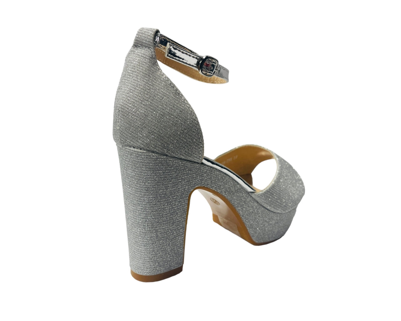 Ankle Strap Glitter Block Heel Shoes Silver