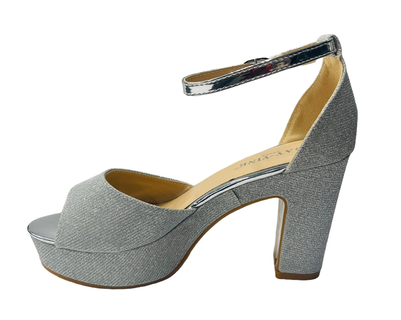 Ankle Strap Glitter Block Heel Shoes Silver