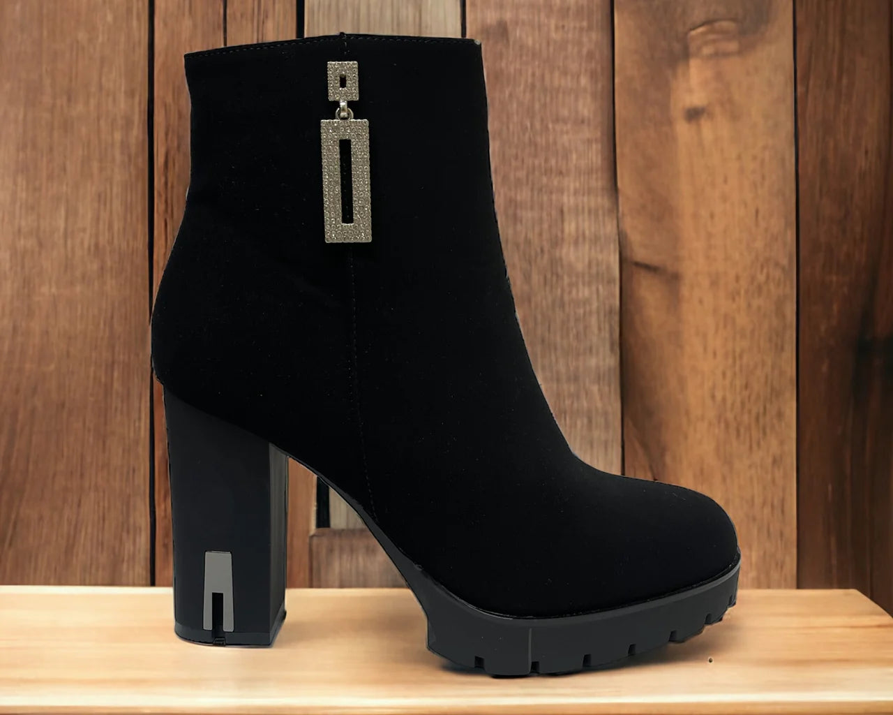 Diamante Block High Heels Zip Ankle Boots with silver details.
