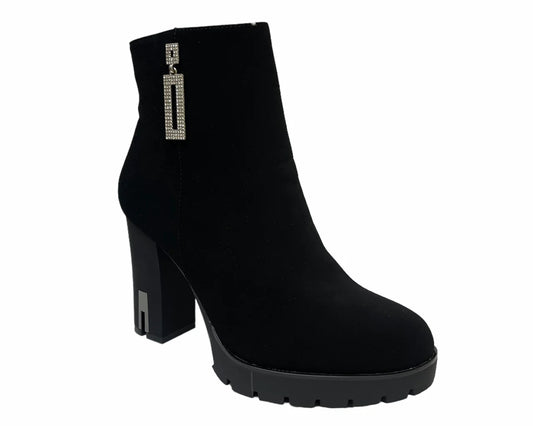 Diamante Block High Heels Zip Ankle Boots with silver details.