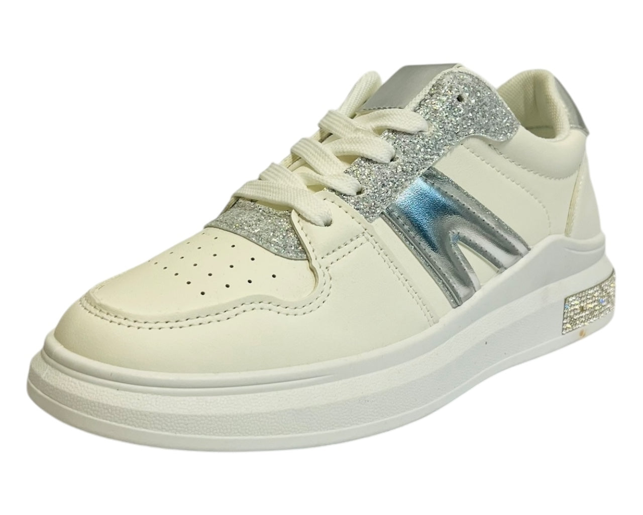 Women's  Leather Laser Cut Lace Up Trainers With Rhinestone Details