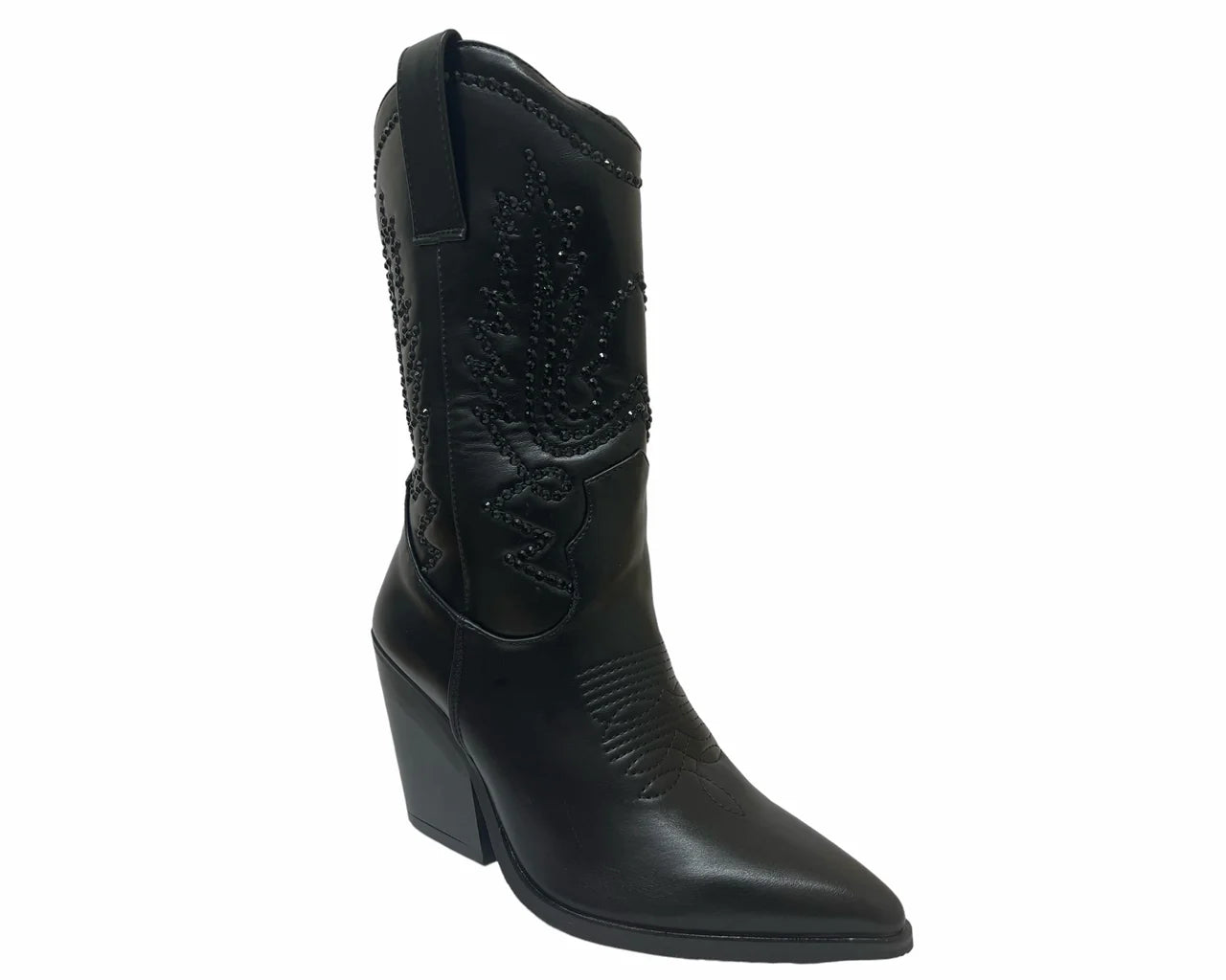 Women's Mid Calf Cowboy Embroidery Diamante Boots Black
