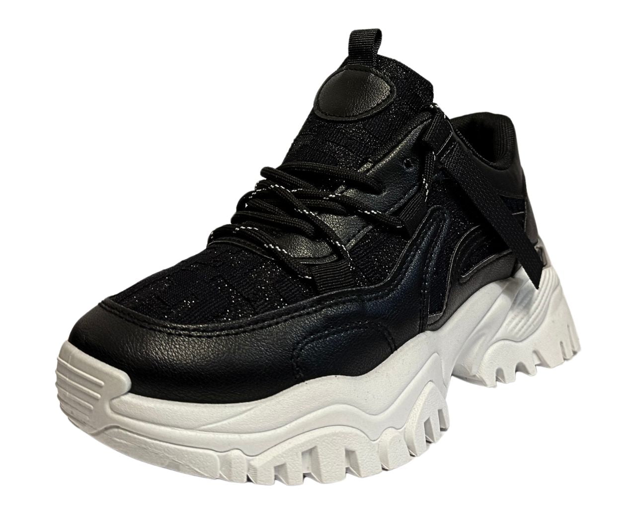 Women's Faux Leather Design Chunky Diamante Sole Lace Up Trainers