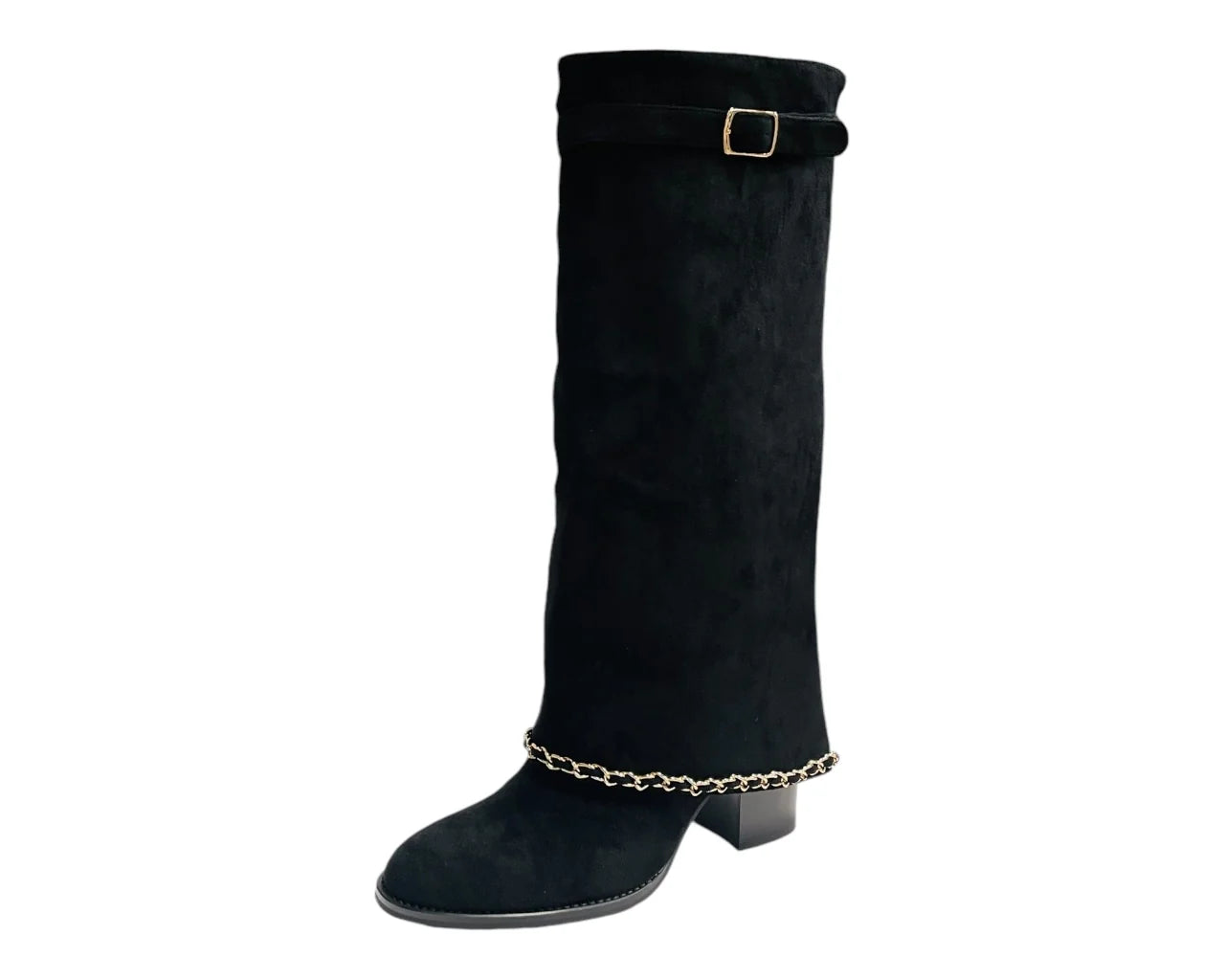 Women's Faux Suede Calf High Fold Over Block Heel Boots