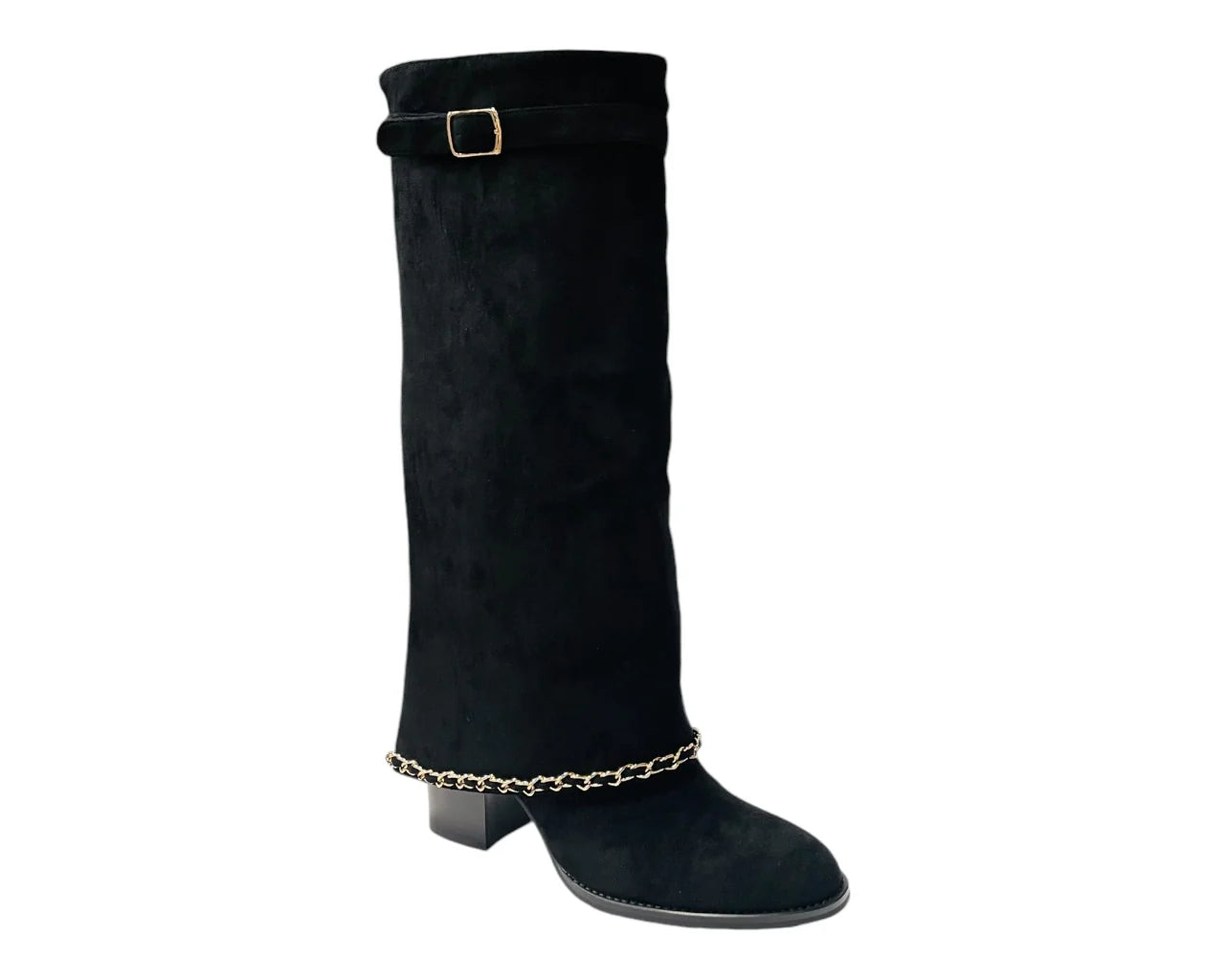 Women's Faux Suede Calf High Fold Over Block Heel Boots