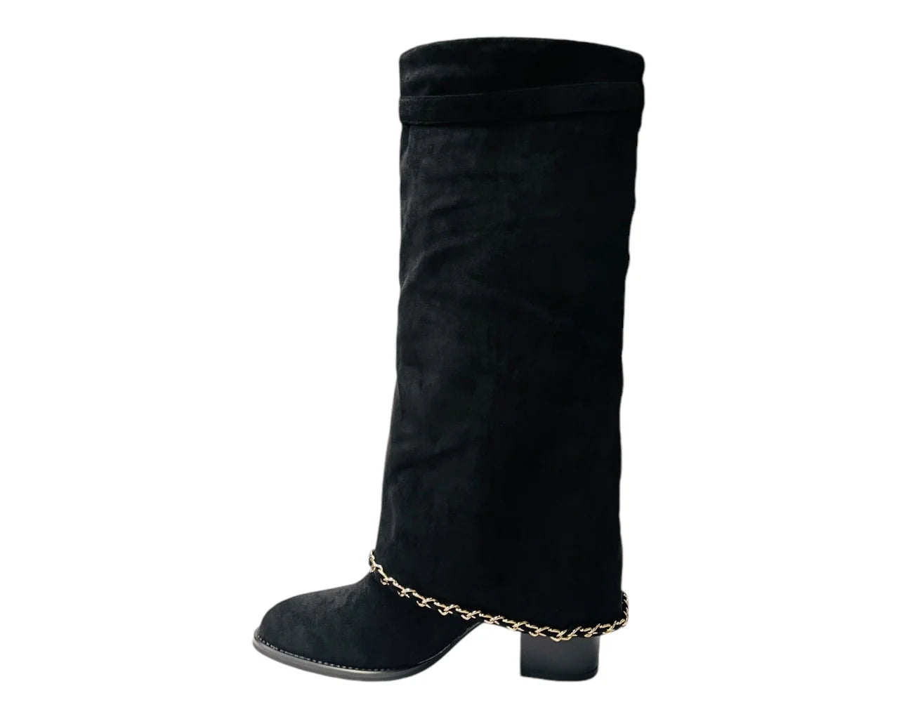 Women's Faux Suede Calf High Fold Over Block Heel Boots