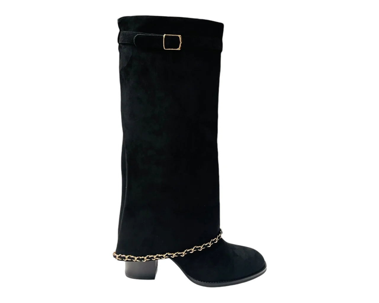 Women's Faux Suede Calf High Fold Over Block Heel Boots
