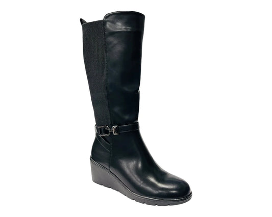Women's CHC326 Faux Leather Calf High Stretch Wedge Heel Boots