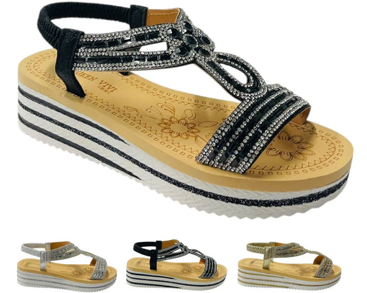 Women's Elastic Ankle Strap Diamante Wedge Sandals