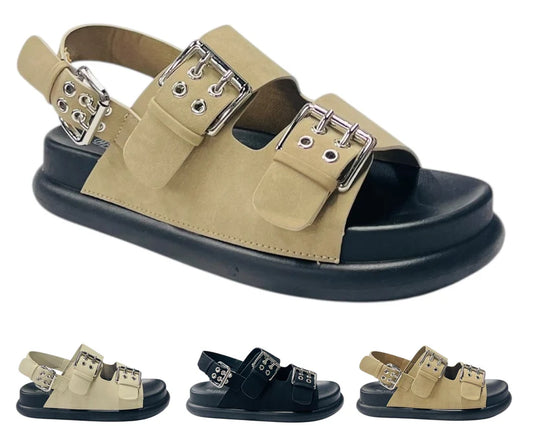 Women's Double Buckle Strap Eyelet Detail Sandals