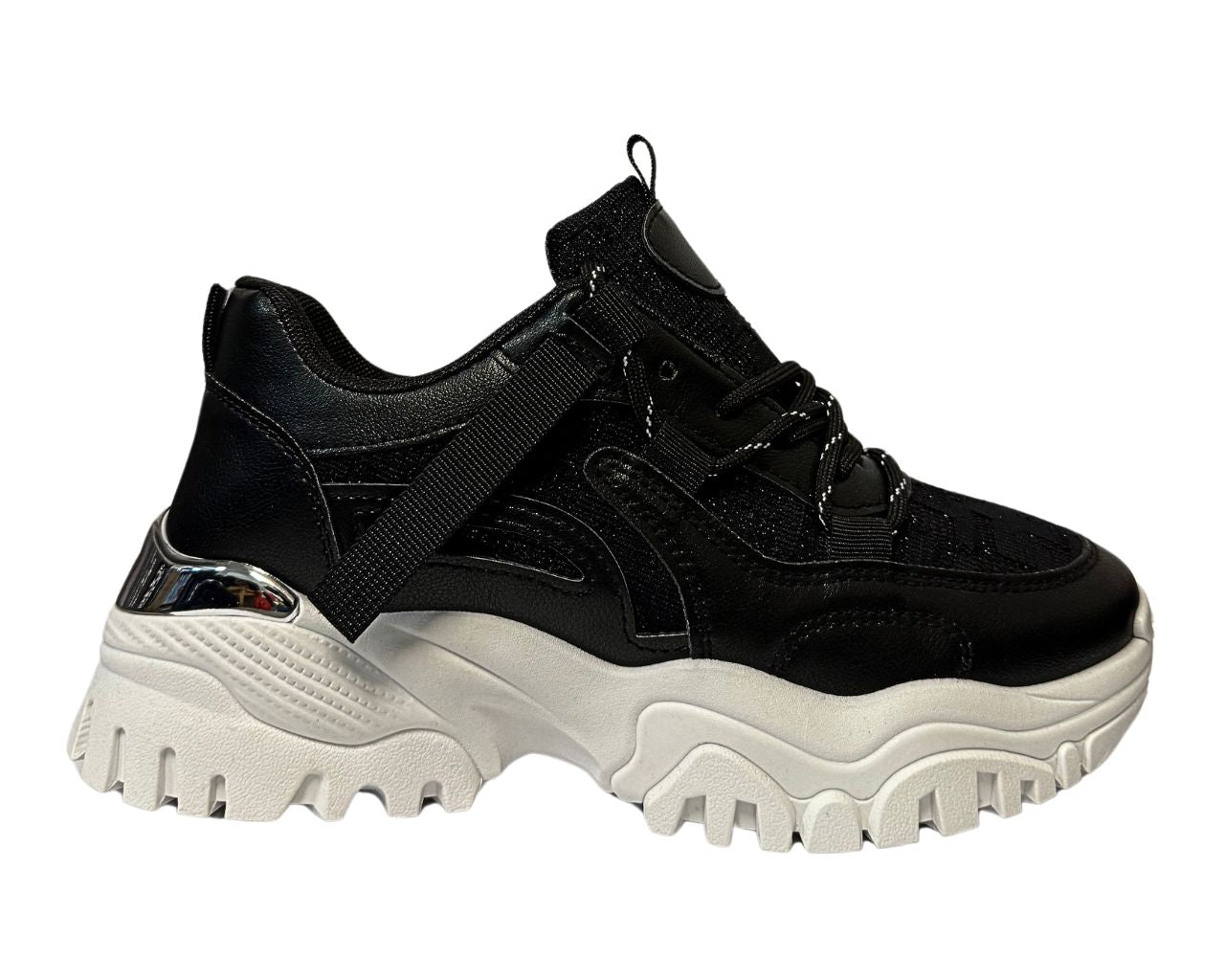 Women's Faux Leather Design Chunky Diamante Sole Lace Up Trainers