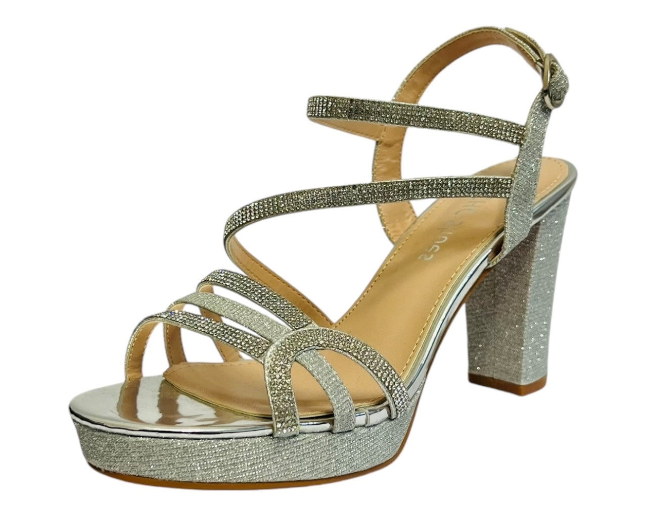 Ankle Strap Diamante Glitter Block Heel Shoes