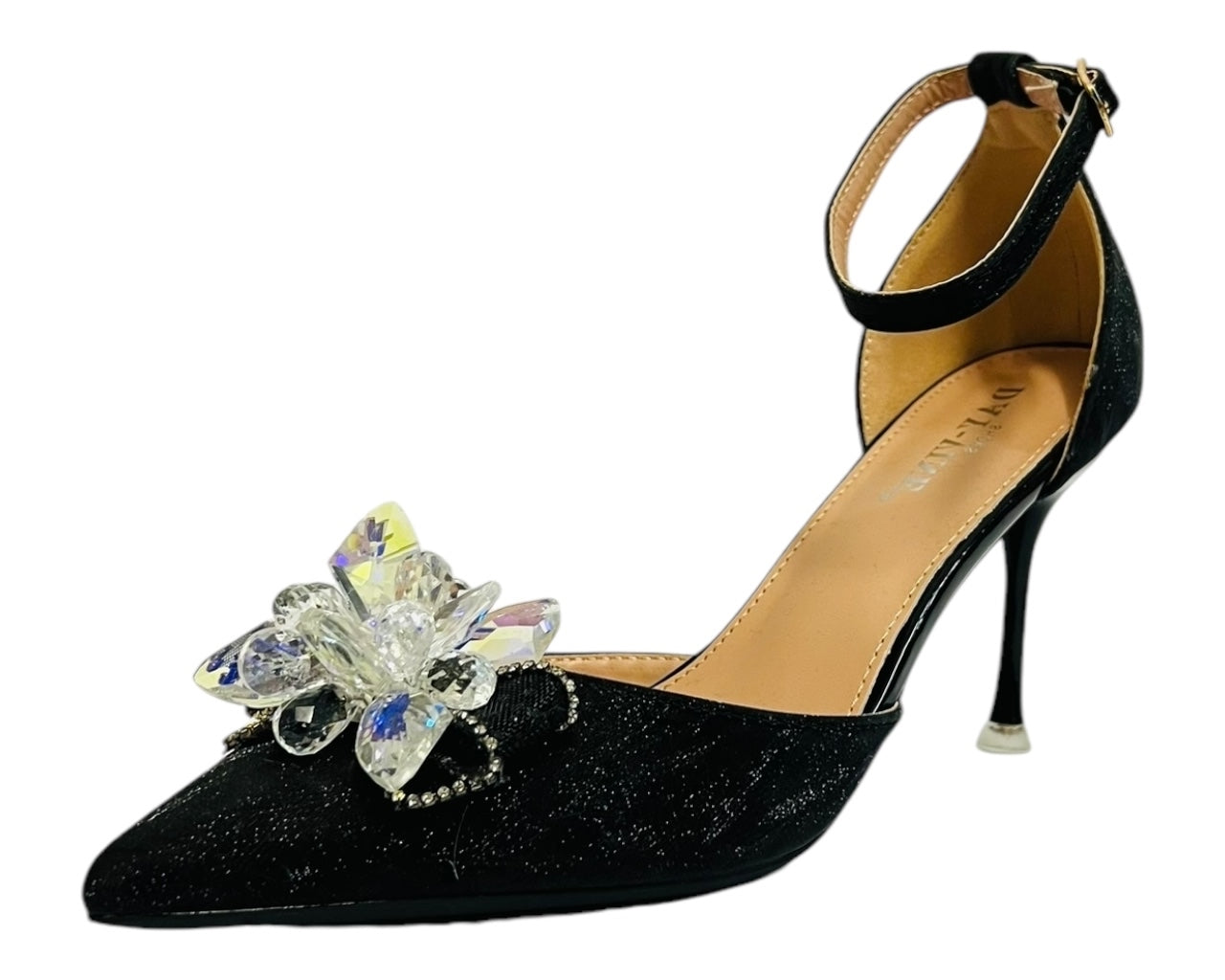 Ankle Strap Diamante Flower Open Court Shoes