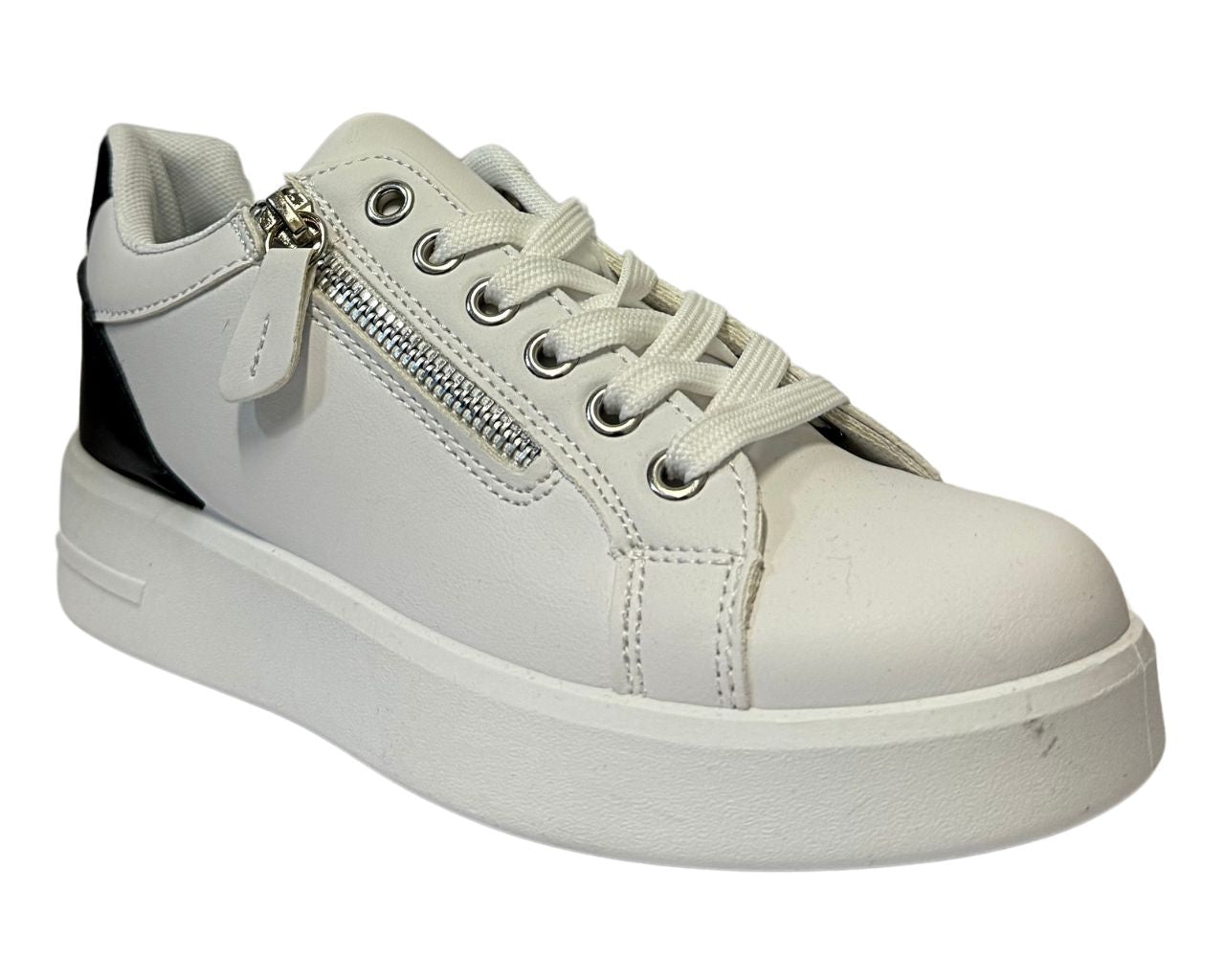 Women's Faux Leather Flat Sole Zip And Lace Up Trainers