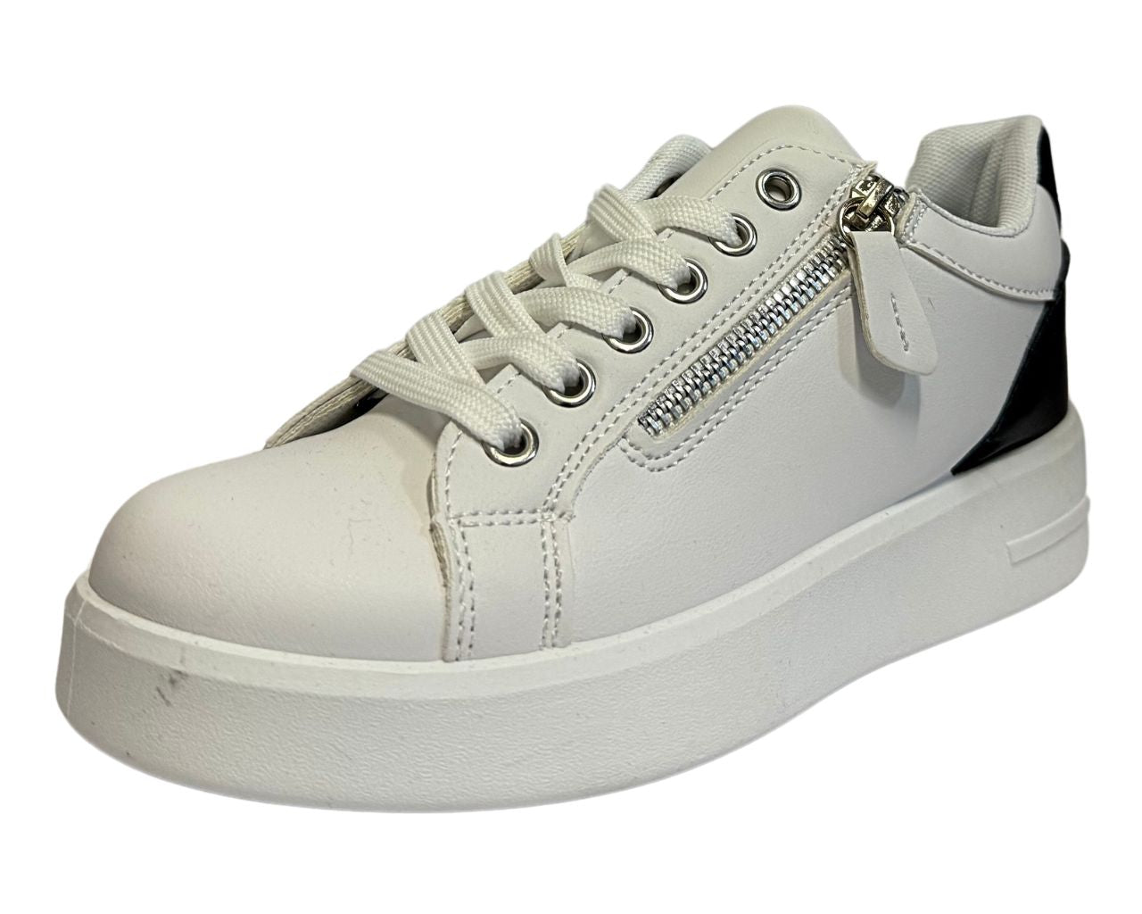 Women's Faux Leather Flat Sole Zip And Lace Up Trainers