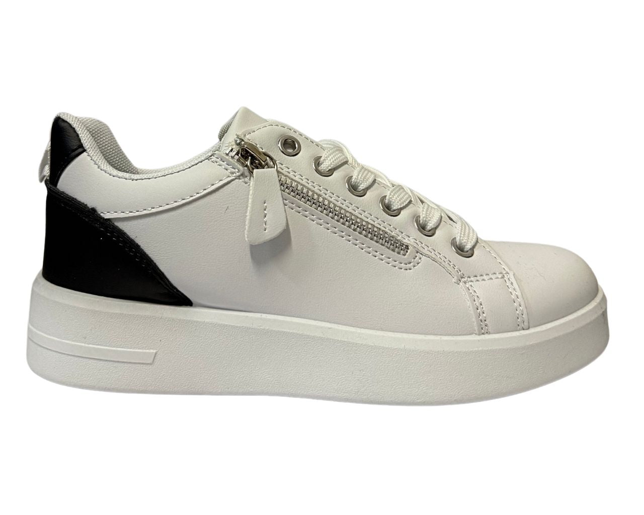 Women's Faux Leather Flat Sole Zip And Lace Up Trainers