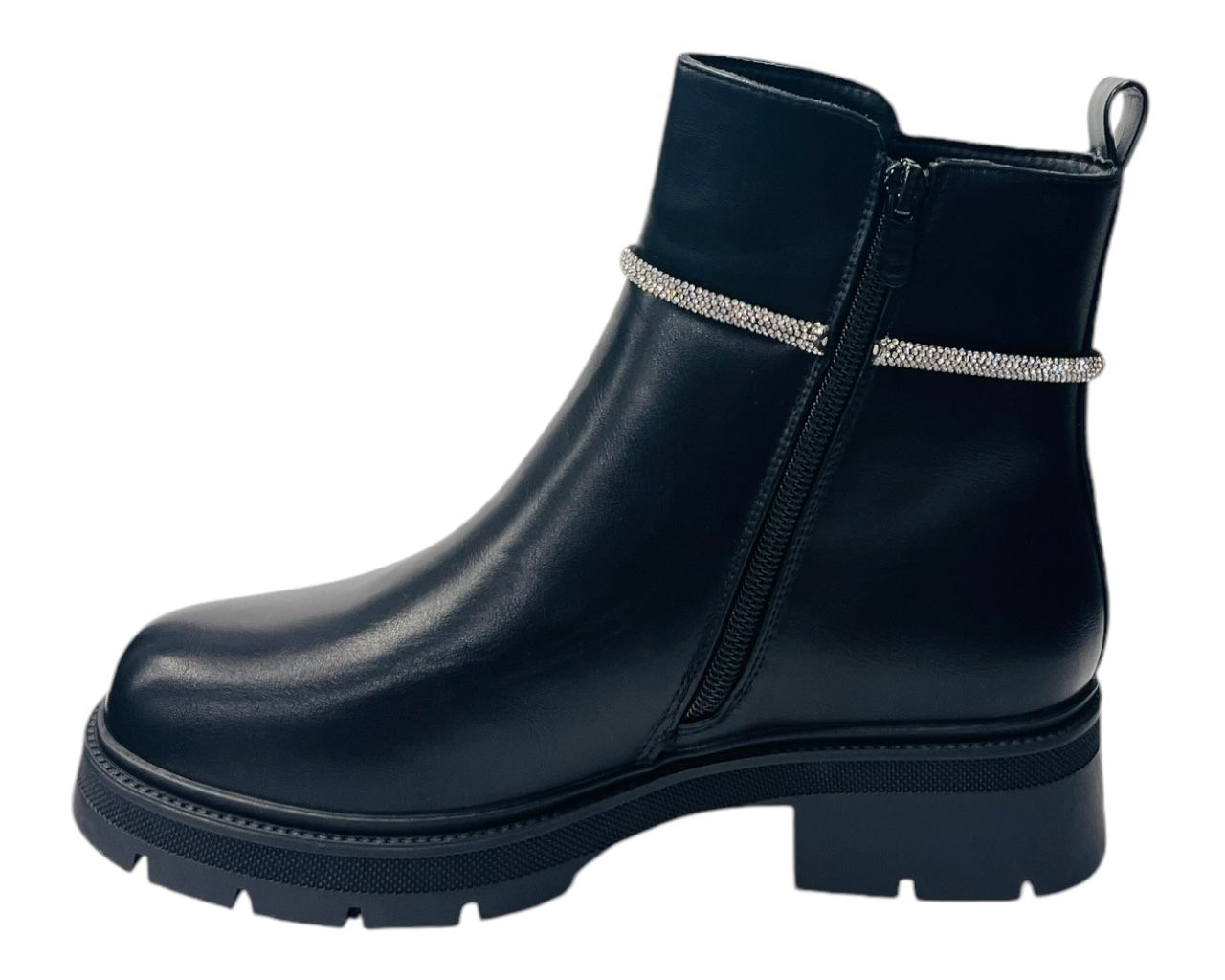 Rhinestone String Faux Leather Ankle Boots Black