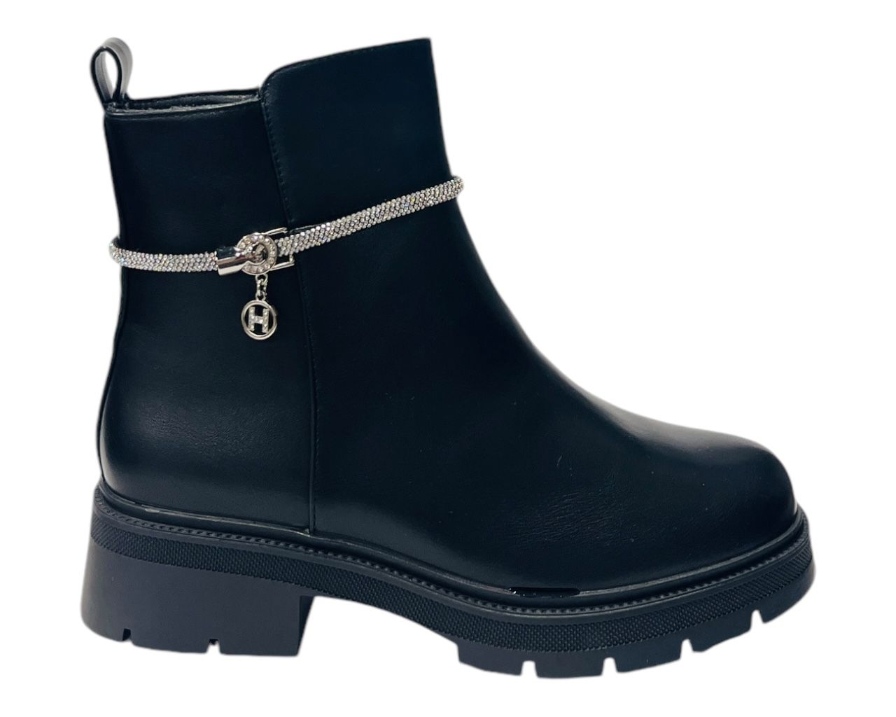 Rhinestone String Faux Leather Ankle Boots Black