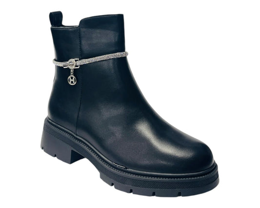 Rhinestone String Faux Leather Ankle Boots Black