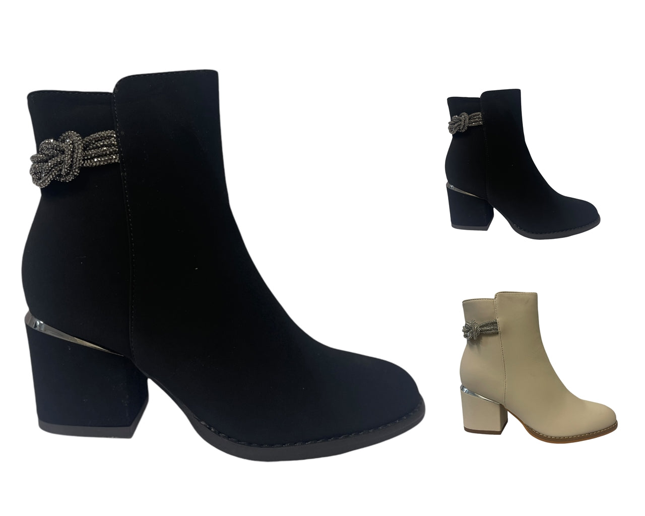 Block Heel Diamante Details Ankle Boots