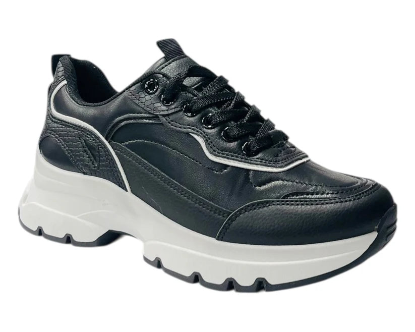 Chunky-Sole Faux Leather Lace-Up Sneakers