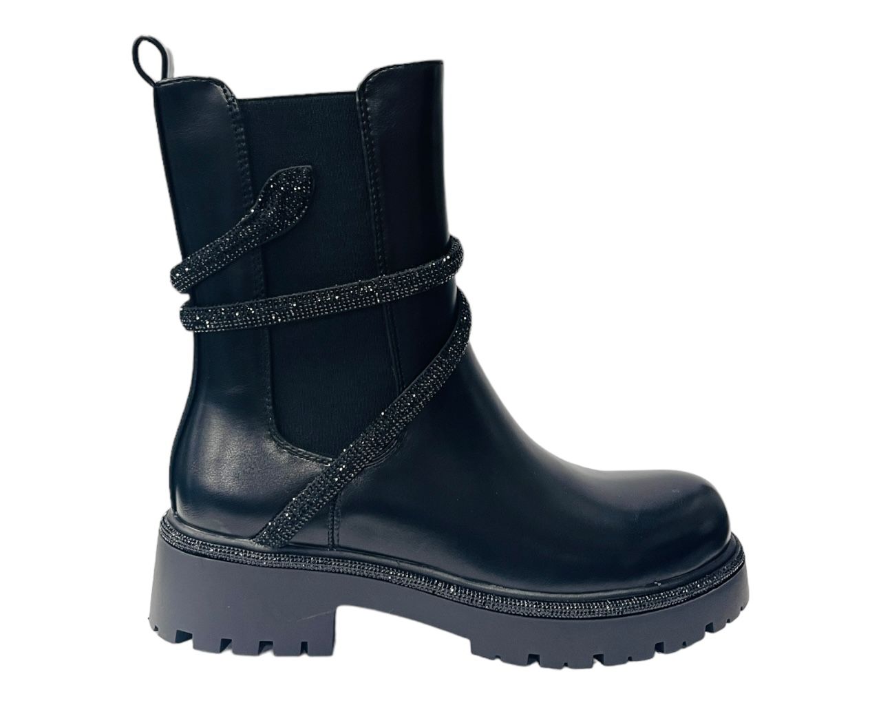 Women's Chunky Sole Faux Leather Zip Diamante Chelsea Boots