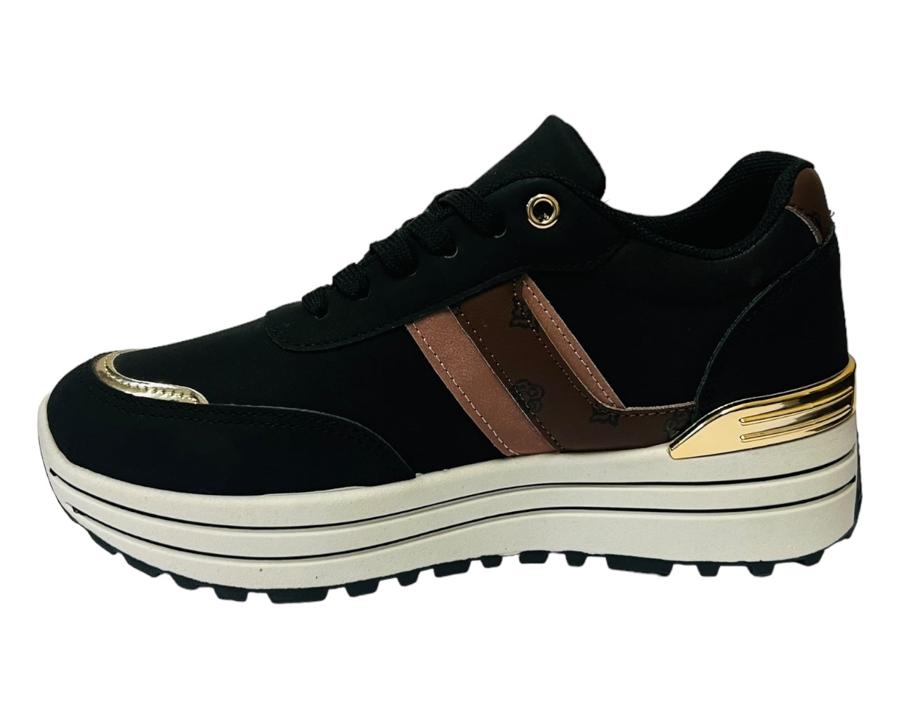 Faux Leather Chunky Sole Lace Up Trainers Black