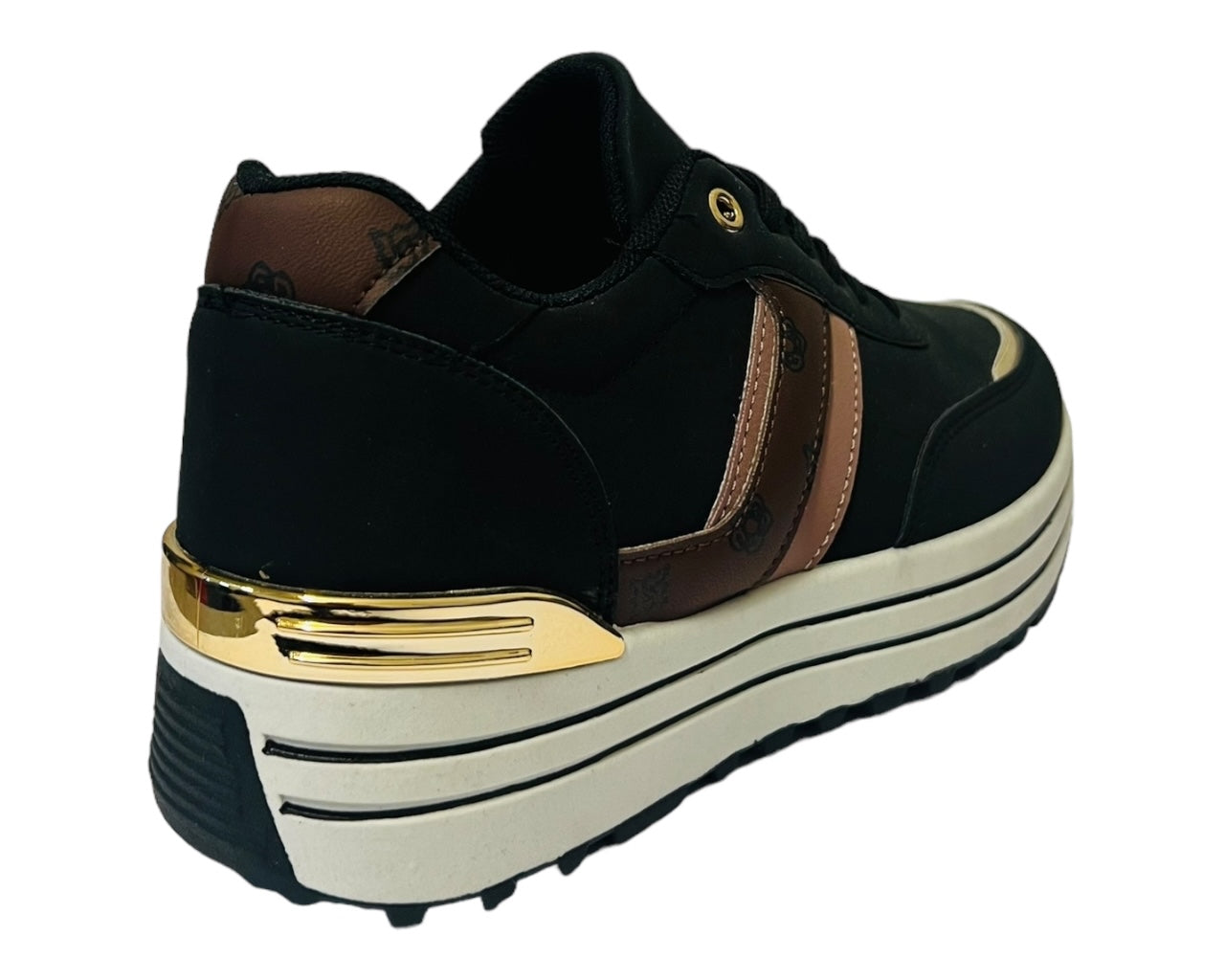 Faux Leather Chunky Sole Lace Up Trainers Black