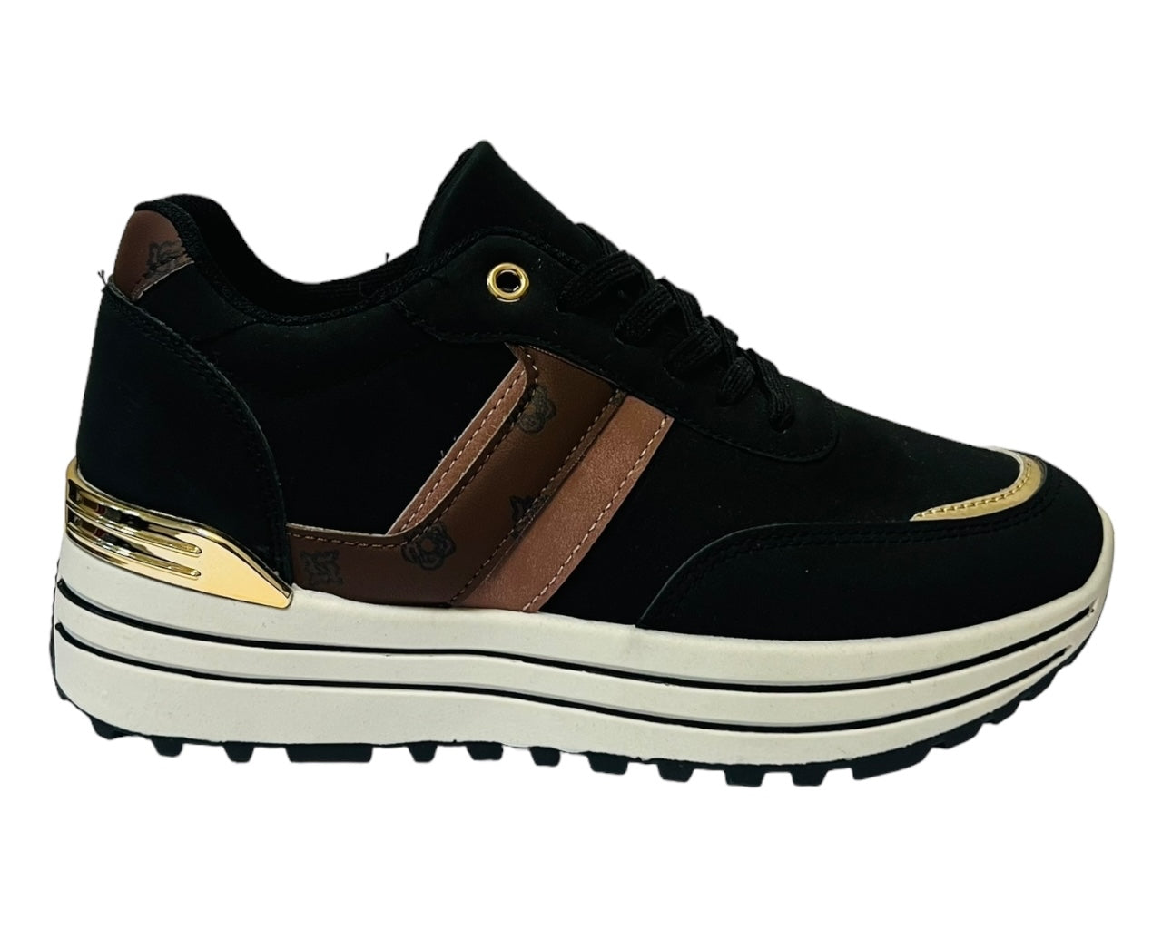 Faux Leather Chunky Sole Lace Up Trainers Black