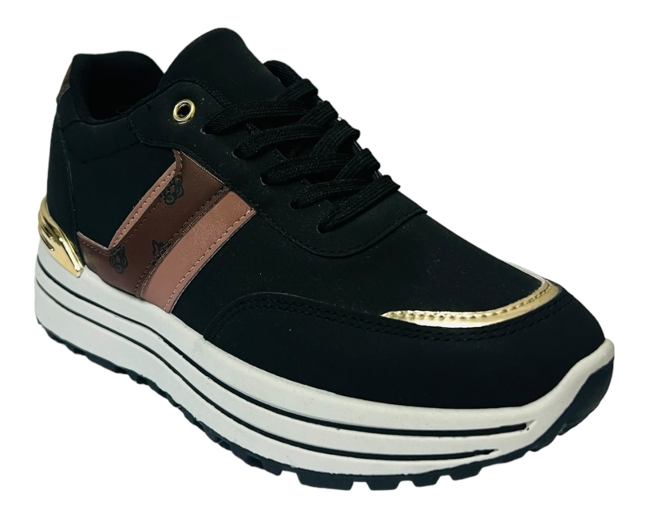 Faux Leather Chunky Sole Lace Up Trainers Black