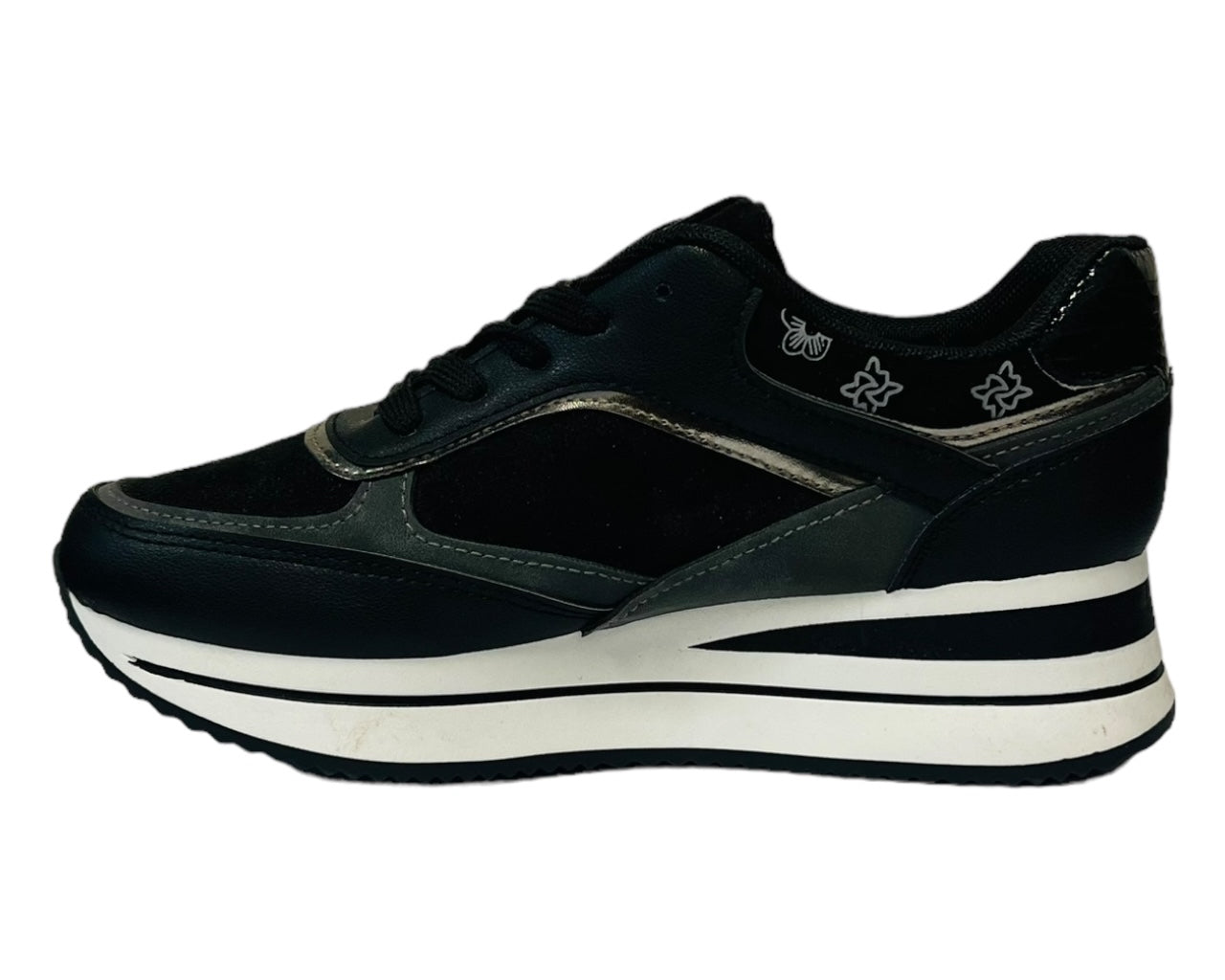 Faux Leather Chunky Sole Lace Up Trainers Black