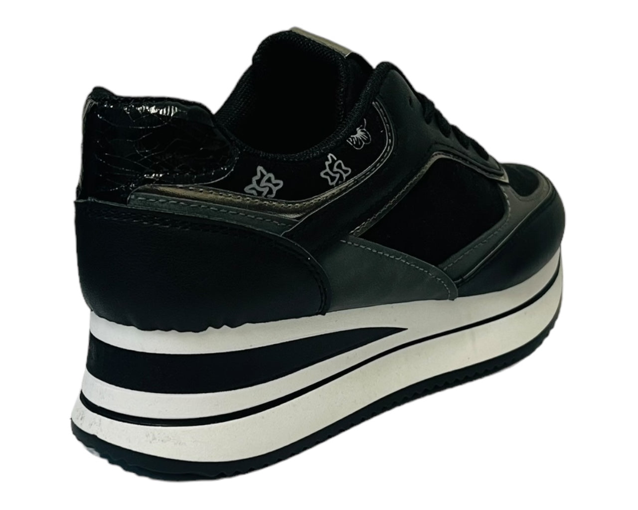 Faux Leather Chunky Sole Lace Up Trainers Black