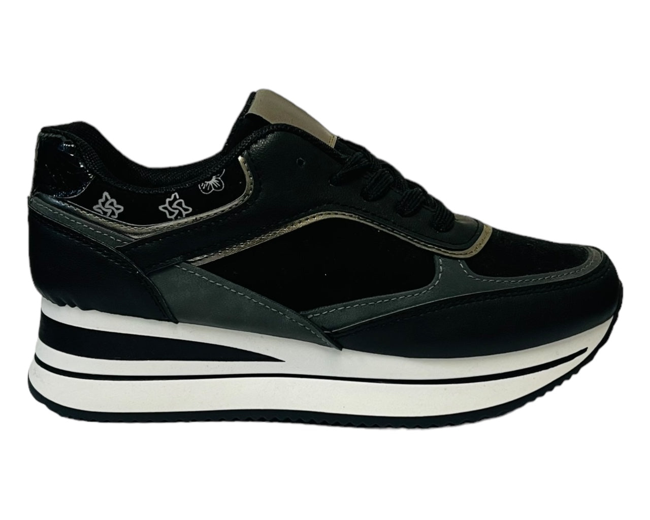 Faux Leather Chunky Sole Lace Up Trainers Black