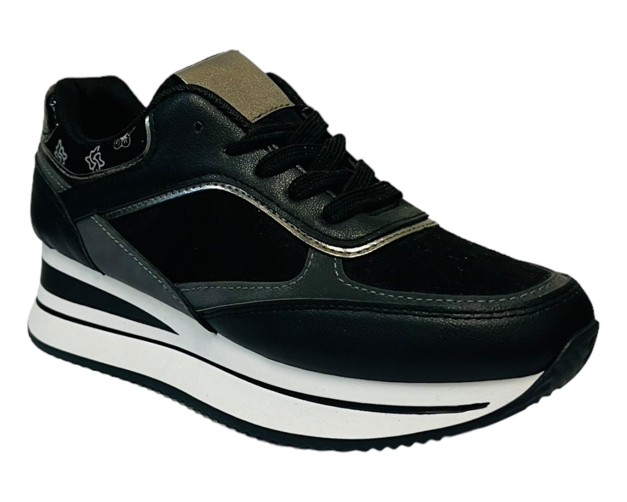 Faux Leather Chunky Sole Lace Up Trainers Black